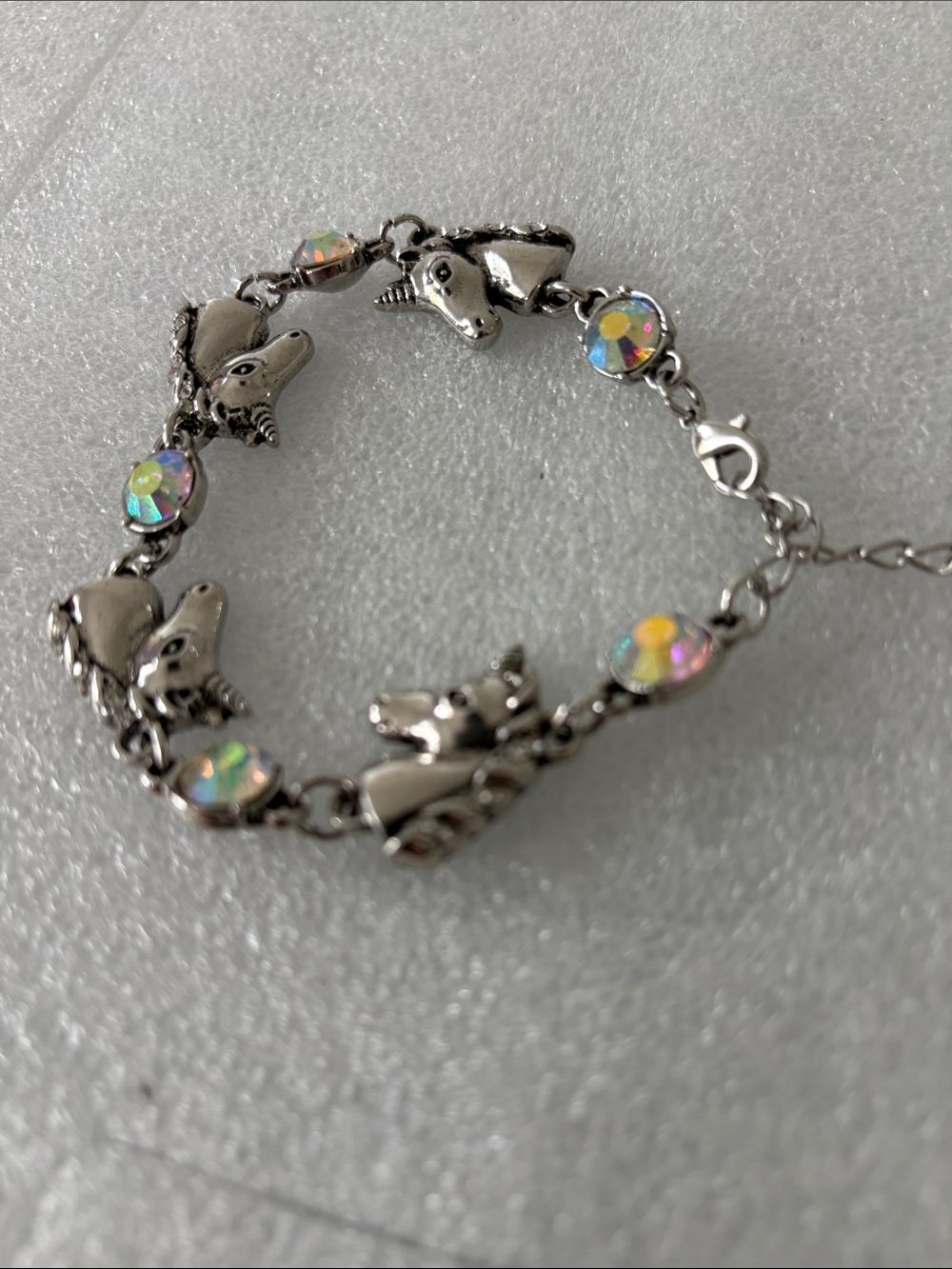 Unicorn Charm Bracelet with Iridescent Crystals - Silver